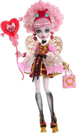 Лялька Monster High Scary Sweet Birthday, Купідон Астерія, у рожево-червоній святковій сукні з тематичними аксесуарами, такими як запрошення, повітряна кулька, подарунок тощо, JBG77 Рожевий/Червоний