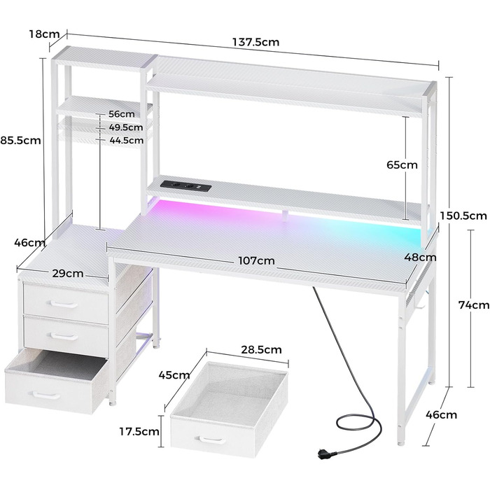 Ігровий стіл Coleshome з полицями та шухлядами, 13748 см Ігровий стіл зі світлодіодним освітленням та розеткою, комп&39ютерний стіл з полицями та підставкою для монітора, вуглецеве волокно білого кольору Карбонове волокно білого кольору 13748 см