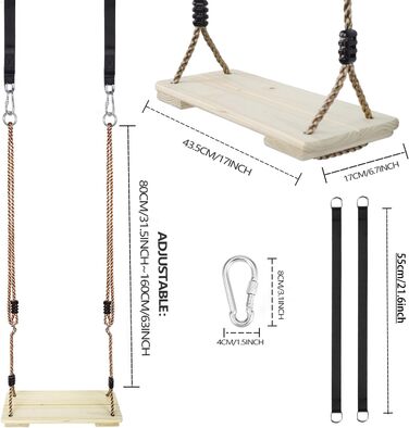 Дерев'яні гойдалки KINSPORY, садові гойдалки з регульованою конопляною мотузкою, для внутрішнього та зовнішнього використання, сид