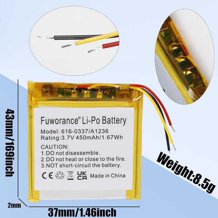 Акумулятор A1236 616-0337 ємністю 450 мАг 3,7 В, сумісний з iPod Nano 3rd G3 4 ГБ 8 ГБ 616-0311, 616-0333, музичним плеєром та відеоплеєром, літій-полімерний акумулятор ємністю 1,67 Втгод