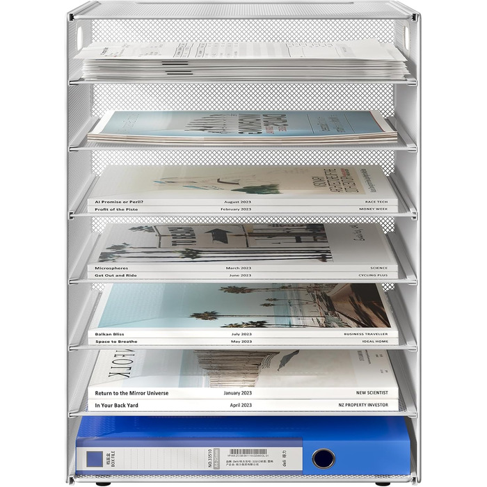 Металевий офісний органайзер EasyPAG A4 з 7 відділеннями, тримач для документів, лоток для файлів, тримач для журналів, лоток для листів, органайзер для паперових журналів, білий, 33,5 x 24 x 43,5 см