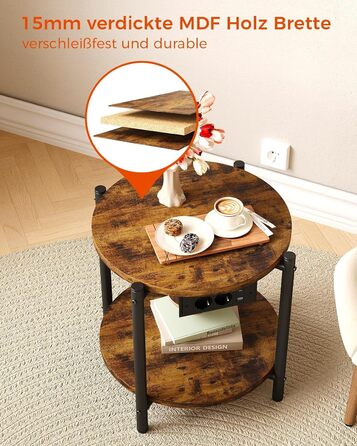 Круглий тумбовий набір з 2 шт. , бічний столик з розеткою, порт USB-C, маленький столик з дерева та металу, журнальний столик для дивана, стіл для вітальні, 2 полиці для спальні (вінтажний коричневий, 2 шт.)