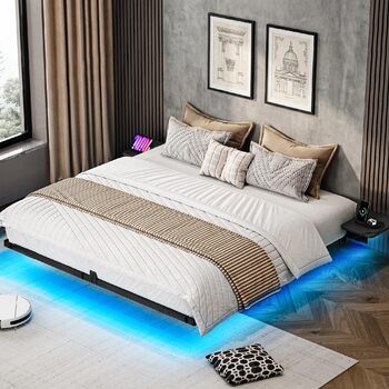 Каркас ліжка YITAHOME зі світлодіодним освітленням, зарядною станцією USB, інтерфейсом Type-C, плаваючим дизайном, металевим каркасом, тканинним чохлом (матрац не входить до комплекту), 180x200 см, чорний