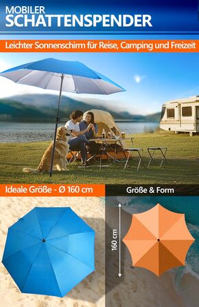 Пляжна парасолька Menz Ø 160 см - Функціональна дорожня парасолька UPF 50 для валіз - Практична, маленька складна пляжна парасолька, компактна пляжна парасолька, що поміщається у валізу, синя
