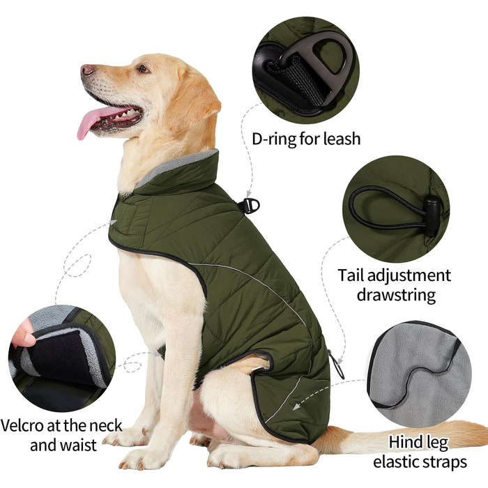 Куртка для собак LIANZIMAU, водонепроникна, світловідбиваюча, для холодної погоди з м&39якою флісовою підкладкою, тепла, XL, оливково-зелена