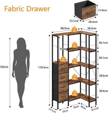 Ярусна кутова полиця, стояча, зі світлодіодним освітленням та 4 шухлядами, полиця, книжкова шафа, кухонна полиця, полиці, кутова шафа, для вітальні, спальні, офісу, кухні, вінтажний коричневий, 5-