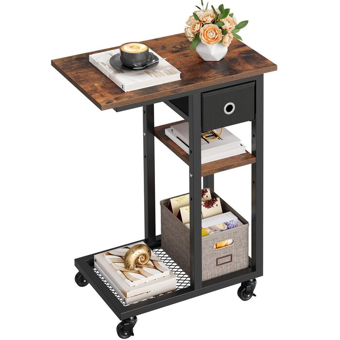 Журнальний столик YITAHOME, С-подібний диван-стіл з колесами та шухлядою, журнальний столик та журнальний столик для ноутбука, для вітальні, спальні, 50 x 30 x 67 см, рустикальний коричневий