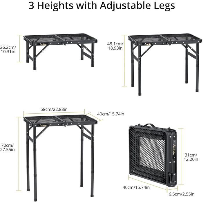 Стіл для кемпінгу Anbte, розкладний стіл з 3 регульованими висотами, стіл для гриля з алюмінію, 60*40 см, стіл-валіза з металевою сітчастою стільницею, легкий та портативний, садовий стіл, пивний стіл для пікніків на пляжі (чорний)