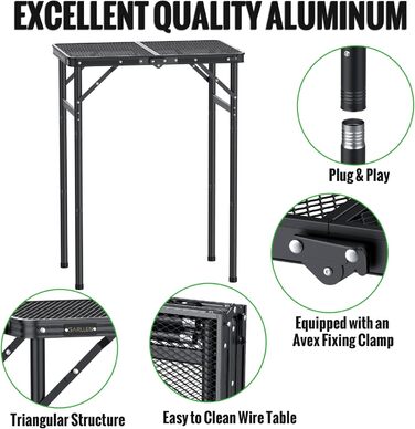 Складаний стіл-гриль GARLLEN, 60x40 см та 3 регульовані висоти (27/51/75 см), легкий та портативний, складаний стіл, кемпінговий стіл, бічний столик, садовий стіл, стіл для пікніка, невеликий стіл-гриль для кемпінгу, чорний, 60 x 40 x 27/51/75 см
