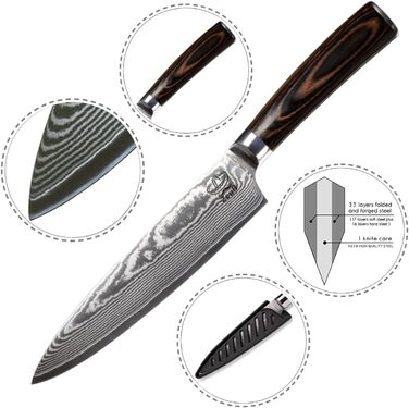 Кухонний ніж XL (32 см) професійний шеф-кухарський ніж з натуральної 67-шарової дамаської сталі I дамаської кухонний ніж і ніж шеф