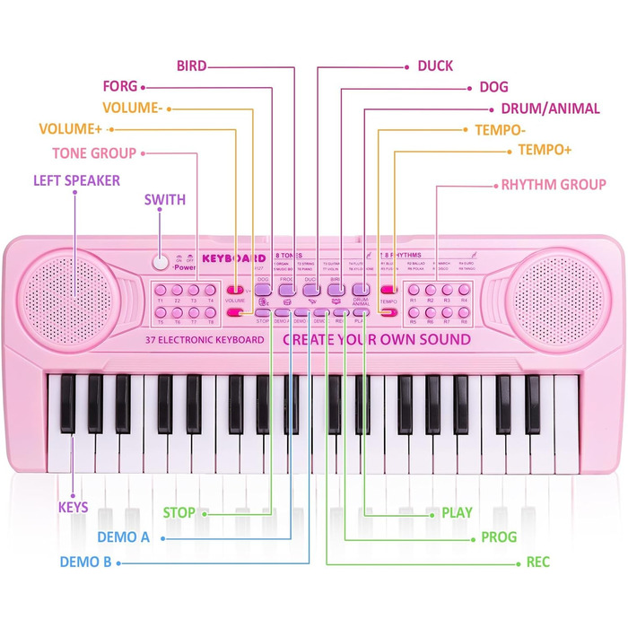 Дитяче піаніно Клавіатура, 37 клавіш Електронне піаніно для дітей Музичне піаніно Багатофункціональні музичні інструменти Навчальна іграшка Подарунок на День Народження для хлопчиків Дівчаток Початківців 9127-Рожевий