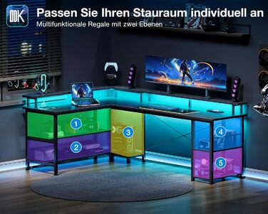 Ігровий стіл ODK зі світлодіодним освітленням, двосторонній ігровий стіл 168120 см з 2 розетками та 2 портами USB для зарядки, великий кутовий стіл із сітчастою полицею, чорний 168120 см чорний