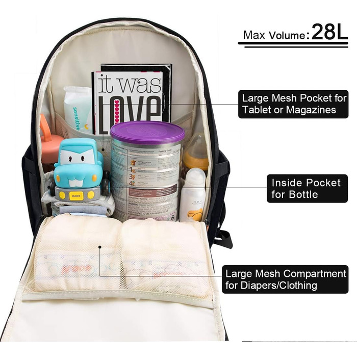 Пеленальний рюкзак Багатофункціональний великий місткий дитячий рюкзак для подорожей і 2 ремені для коляски на ходу 28 л сірий