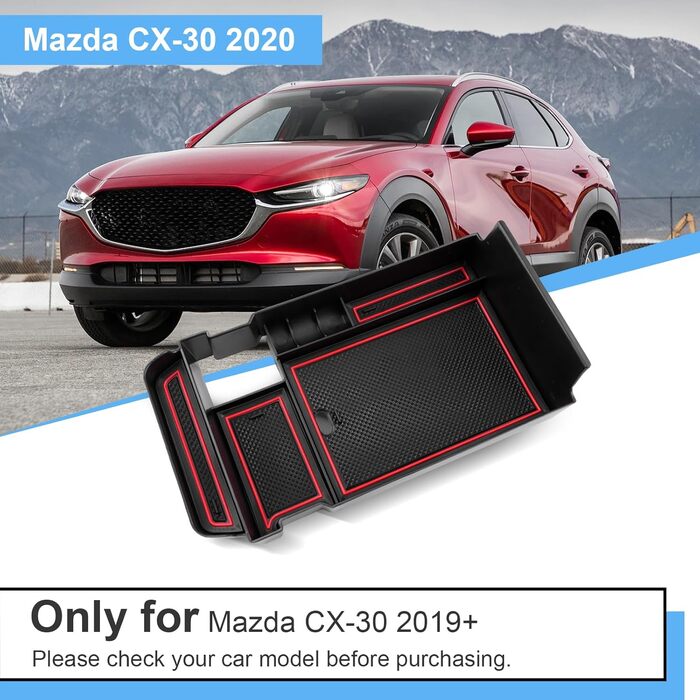 Ящик для зберігання на центральній консолі Coleya сумісний з Mazda CX-30 2019-2024, органайзер для підлокітника аксесуарів Mazda CX 30, бардачок з центральним підлокітником CX-30 з нековзним килимком (червоний)