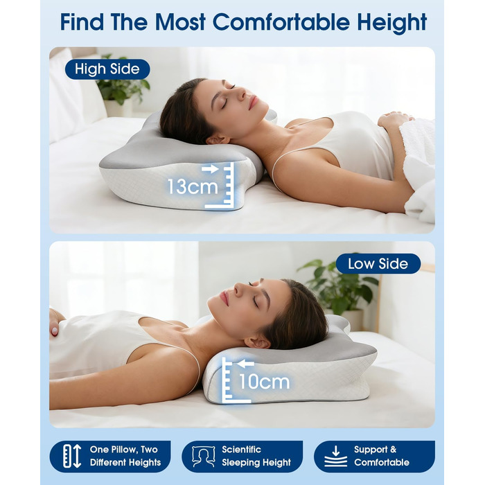 Ортопедична подушка для шиї метелик з піни з ефектом пам&39яті, ергономічна подушка з 2 охолоджувальними чохлами, що можна прати, для полегшення болю в шиї для тих, хто спить на боці, спині та животі, 2 рівні висоти