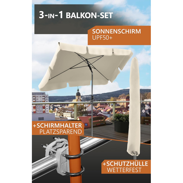 Парасолька від сонця 4smile Parasol Balcony 200x125 см прямокутна із захистом від ультрафіолету UPF 50  із захисним чохлом в комплекті бежевий