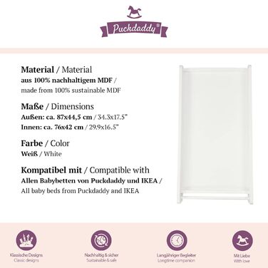 Пеленальна дошка - 87x44,5 см Дерев'яна пеленальна стільниця білого кольору Прикріплений пеленальний килимок для ліжечка Високоякі