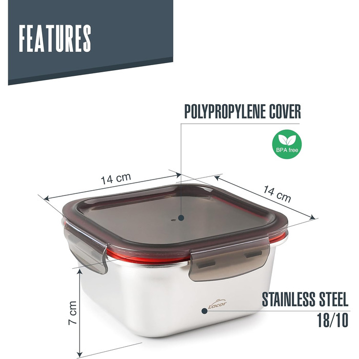 Контейнер для харчових продуктів квадратний, нержавіюча сталь 18/10, 650 мл. Підходить для мікрохвильової печі, духовки, морозильної камери та посудомийної машини, герметичний, з 4 затискачами, не містить BPA., 64613 Ecoinox