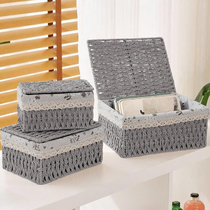 Набір кошиків для зберігання з 3 предметів з кришкою, плетений кошик з підкладкою, ротангова коробка для зберігання у ванній кімнаті, органайзер для ванної кімнати, іграшок, кухні, спальні (сірий)