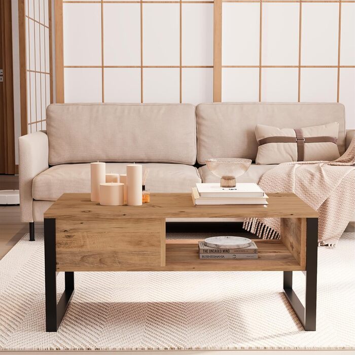 Журнальний столик Laukaa, стіл для вітальні, прямокутна стільниця, приставний столик, 100 x 60 x 45 см, журнальний столик з місцем для зберігання, колір рустикального дуба, рустикальний дуб/чорний