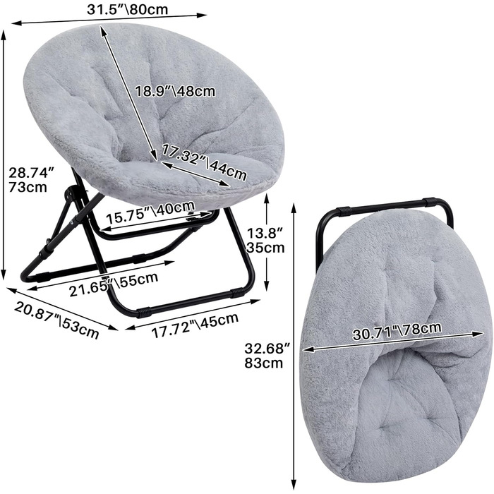 Розкладне крісло HollyHOME, кругле розкладне крісло, крісло-підголовник для вітальні, кругле крісло для відпочинку, крісло-місяць, крісло для відпочинку, затишне крісло для читання, спальня, плюшеве, сіре