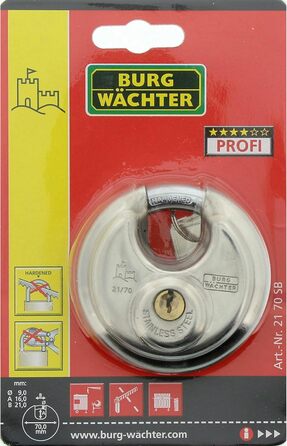 Замок навісний Burg-Wchter Circle 21/70 SB, дужка 10 мм, корпус з нержавіючої сталі, латунний циліндр, захист від зрізу, сріблястий
