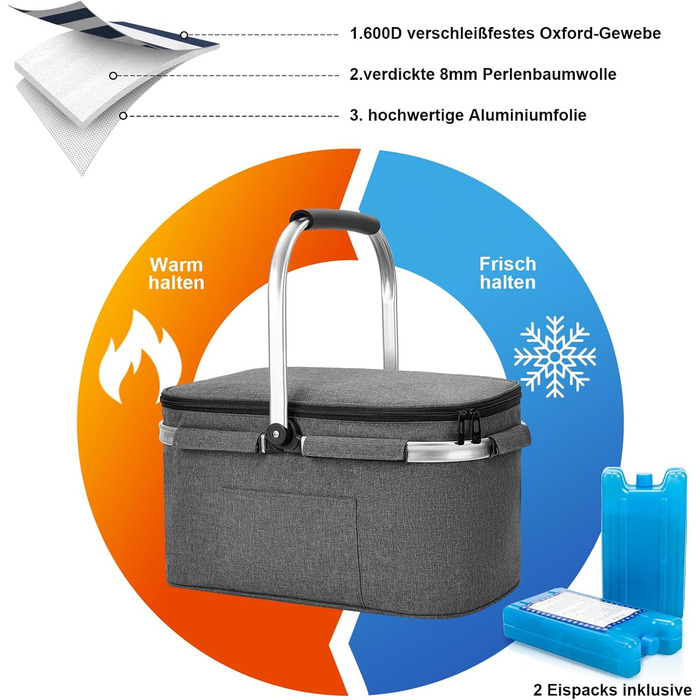 Велика складна ізольована сумка-холодильник - кошик для покупок з кришкою, знімний кошик для пікніка на 2 особи, кошик-холодильник з алюмінієвою рамою, потовщений термокошик - з 2 пакетами льоду XL чорного кольору