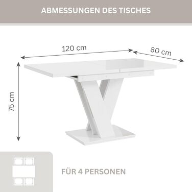 Розкладний обідній стіл (160 см) - 120x80x75 см - Сучасний - Обідній стіл - Обідній стіл - Стіл для їдальні, вітальні - Розкладний стіл - Білий глянцевий