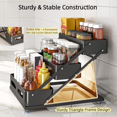 Рівнева складна полиця для спецій Bokelai, регульована по висоті кухонна полиця для зберігання Органайзер для спецій з протиковзкими накладками Металевий органайзер для спецій для шафи та стільниці Чорний - 3 рівні, 3-