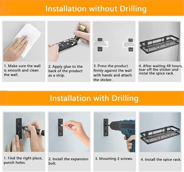 Настінна полиця для спецій, не потребує свердління, комплект з 2 шт. з кухонною штангою, підвісна кухонна полиця, полиця для спецій на дверцята шаф, полиця для душу з нержавіючої сталі для кухні, ванної кімнати, балкону, 35 x 12 x 5,7 см, чорна