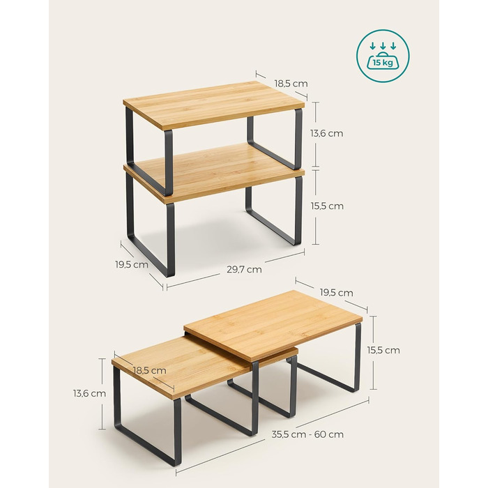 Стійка для спецій, Набір з 4 шт. , Кухонна полиця, Кухонний органайзер, Розширювана, Штабельований тримач для спецій, З металевою рамкою, 19,5 x 29,7 x 15,8 см, Чорнило-чорний - Натуральний бежевий KCS10NB Чорнило-чорний Натуральний бежевий 29,7B см