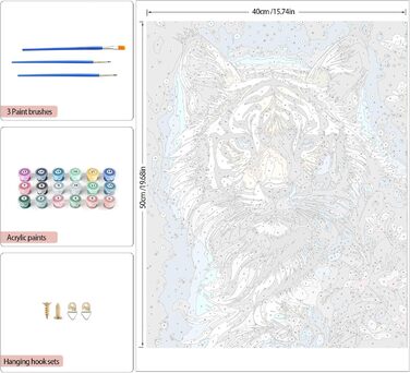 Картина за номерами для дорослих, Картина за номерами Тварини Тигр Діти для початківців з полотном пензлями Акриловий пігмент для подарунків і прикраси будинку (40 х 50 см)