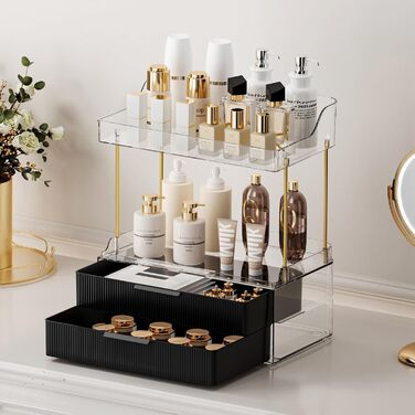 Рівневий органайзер для макіяжу з 2 шухлядами для жінок з великою кількістю речей - Багатоцільовий настільний органайзер для туалетного столика - Великий органайзер для догляду за шкірою чорного кольору. Квадратний - Чорний, 2-