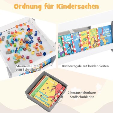 Дитячий стіл GOPLUS 4-в-1 з 2 стільцями, комплект дитячих сидінь з двосторонньою стільницею, боковими полицями та 2 тканинними коробками для зберігання, компактні дитячі меблі для малювання, читання та ігор (сірі) з полицею та коробками сірого кольору, 2.