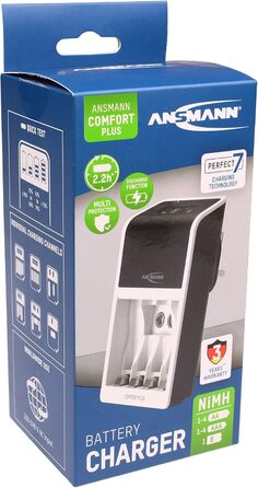Зарядний пристрій ANSMANN Comfort Plus для акумуляторів типу AA, AAA та 9V з 3-контактним штекером для Великої Британії, швидка зарядка та швидке тестування ємності