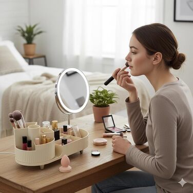 Обертовий на 360 органайзер для макіяжу, великий органайзер для ванної кімнати з коробкою для зберігання косметичного столика включає засіб для чищення пензлів для макіяжу (бежевий)