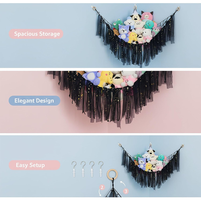 Гамак-іграшка з 2 м&39якими іграшками зі світлодіодними лампами, сітка для зберігання в дитячій кімнаті для організації плюшевих іграшок, декоративна підвісна сітка для декору спальні (чорний) Schwarz