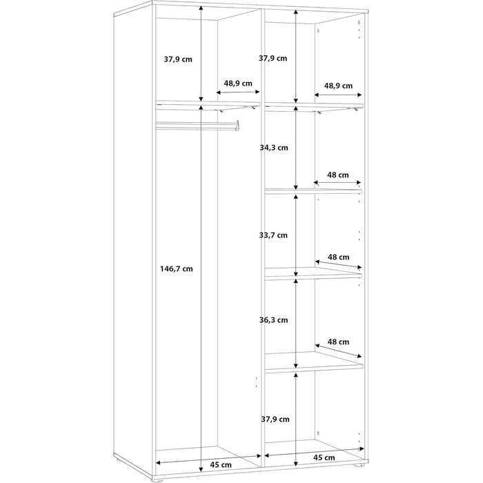 Гардероб Forte Jupiter 95, Шафа в індустріальному стилі з 2 дверима, Інженерна деревина, Декор дуба/Чорний, 94,7 см завширшки, 190,5 см заввишки, 52,7 см завглибшки