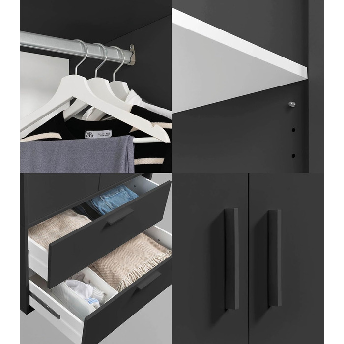 Шафа mokebo Герой одягу (80x180x51 см) з 2 шухлядами та 4 відділеннями, шафа, шафа для передпокою або комора для спальні чи гардеробної з дерева чорного антрацитового кольору, ширина 80 см З вішаком для одягу та відділеннями