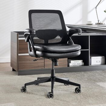 Офісний стілець, стілець для столу, обертовий стілець із сітчастою оббивкою, ергономічний, поперекова підтримка, сидіння 72 см, складні підлокітники, для офісу, домашнього офісу, кабінету, чорний