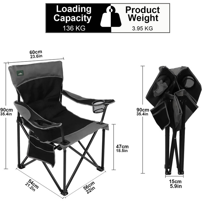 Складаний кемпінговий стілець Northroad, м&39який складний стілець з підставками для чашок та боковими кишенями, витримує до 136 кг, портативний рибальський стілець для пікніків, активного відпочинку на свіжому повітрі, походів - чорний