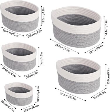 Кошик для зберігання з бавовняної мотузки, набір з 5 шт. , кошик для зберігання, органайзер для пеленального столу, кошик для зберігання у ванну кімнату, дитячу кімнату, пеленальний столик, білий та сірий.