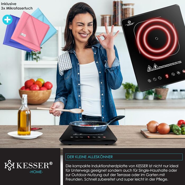 Індукційна варильна поверхня KESSER Індукційна варильна поверхня 1 тарілка 2100 Вт портативна 28 см 3 тканини з мікрофібри книга рецептів, 9 налаштувань нагріву, 8-годинний таймер, сенсорне керування, функція бустера 220-240 В Конфорки - 1