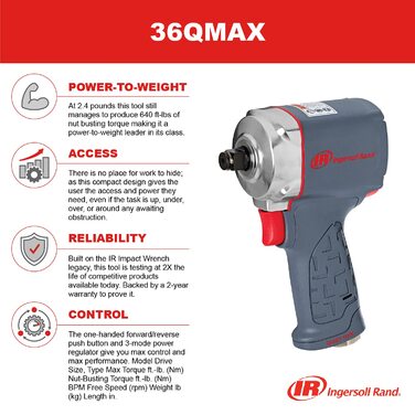 Пневматичний гайковерт Ingersoll Rand 36QMAX 1/2 дюйма - компактний професійний гайковерт з високою продуктивністю та оптимізовано