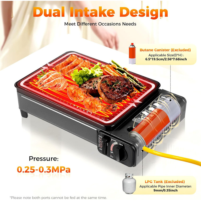 Портативна газова плита-гриль 2-в-1, портативна газова плита на бутані з набором аксесуарів для гриля, газова плита-гриль для кемпінгу, використання на вулиці та в приміщенні, чорна