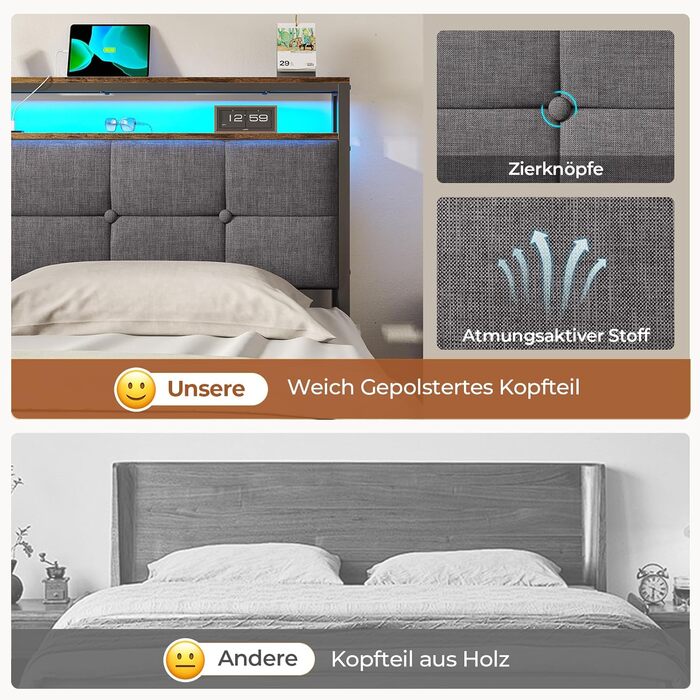 М&39яке ліжко AOGLLATI 140x200 з металевою рейковою основою, каркас ліжка зі світлодіодним освітленням та розетками, ліжко з місцем для зберігання, металеве ліжко з узголів&39ям, двоспальне ліжко, каркас ліжка з USB-портами, 140x200 см