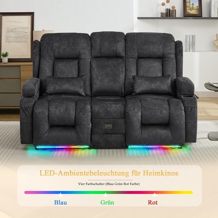 Двомісний крісло-реклайнер з функцією відкидання спинки, електрично регульоване крісло для телевізора з підігрівом та вібромасажем, крісло для домашнього кінотеатру з мультимедійною центральною консоллю, оксамит, сірий. Сірий двомісний крісло з консоллю