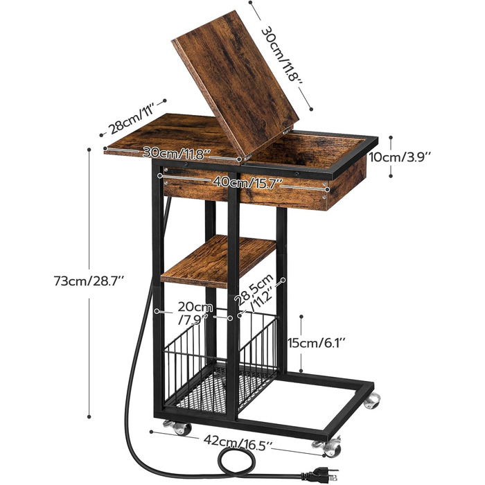 Журнальний столик HOOBRO із зарядною станцією, відкидний С-подібний диван-столик, журнальний столик на колесах та полиця для зберігання, тумбочка для вітальні, спальні, темно-коричневий EBF022SF01G1