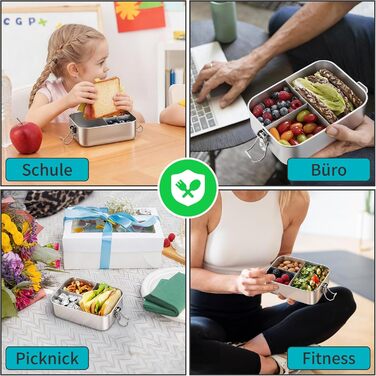 Набір металевих ланчбоксів Onader з роздільниками, 850 мл, 2 шт. Бенто-бокс для дітей та дорослих, герметичний, можна мити в посудомийній машині, 16,5 см