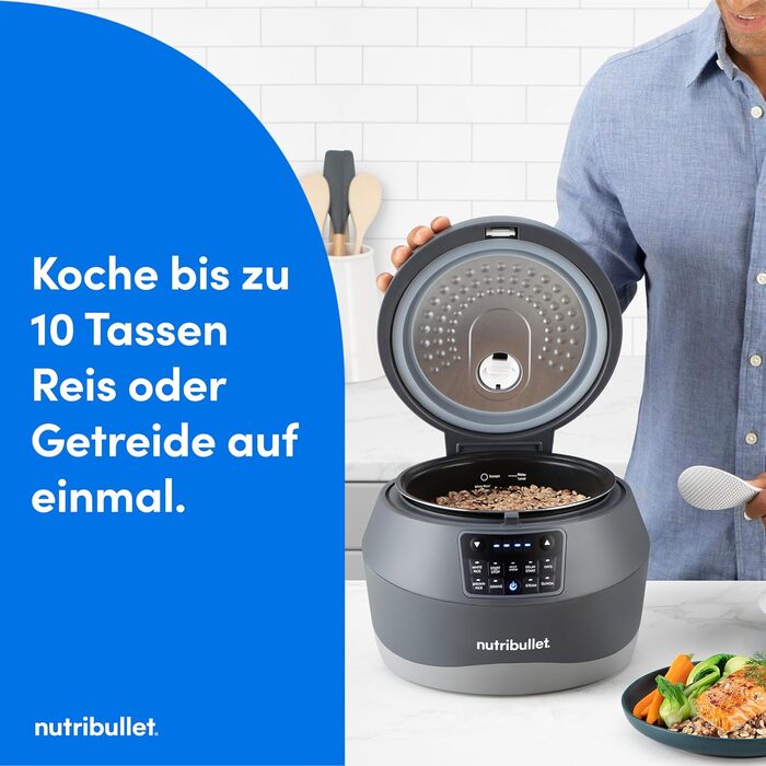 Мультифункціональна рисоварка nutribullet EveryGrain Cooker, на 10 чашок, 5 автоматичних програм, функція підігріву 12 год, з ложкою та вставкою, 600 Вт, сіра (NBRC605DG)